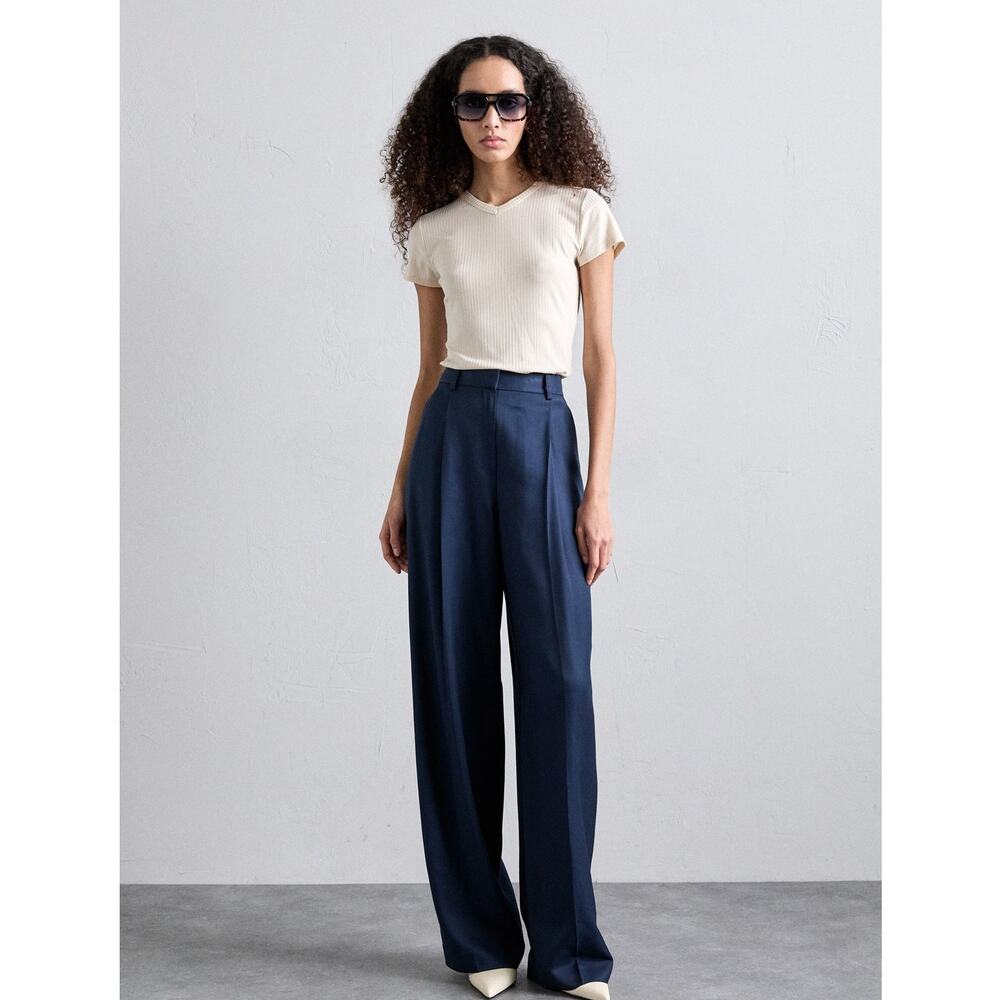 NWT Theory Single Pleat Wide Leg High Rise Draped Pants - Navy Size 2
